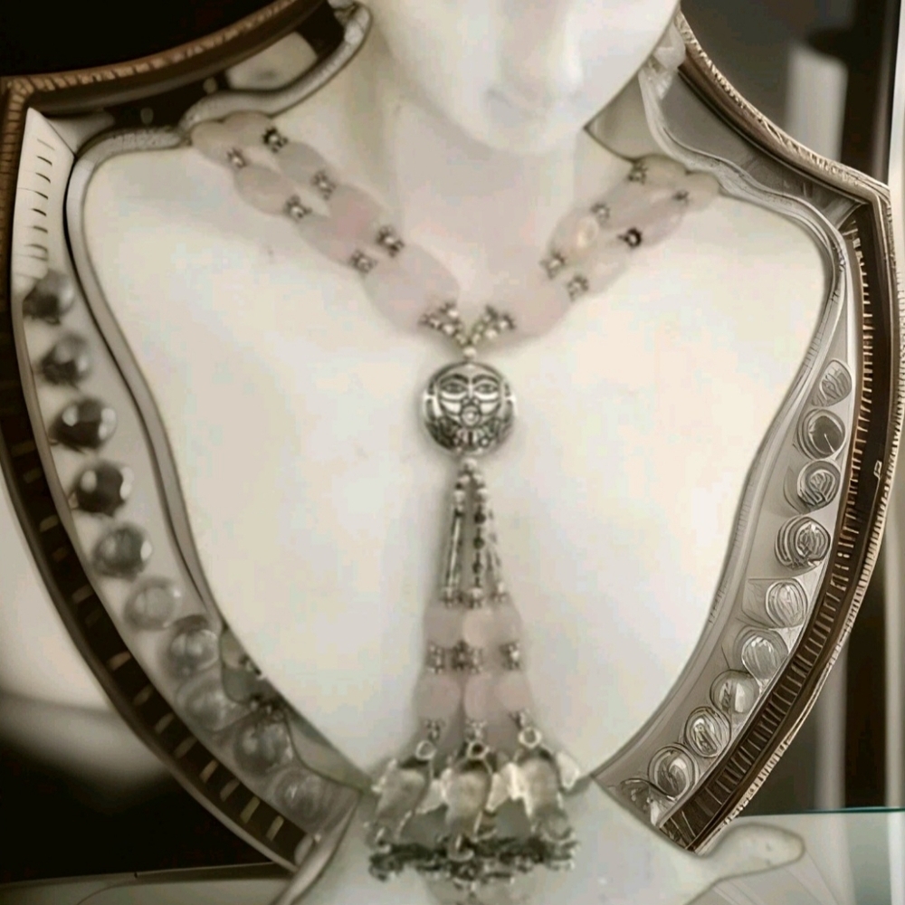 Genuine Rose Quartz Beaded Boho Silver Tassel Necklace